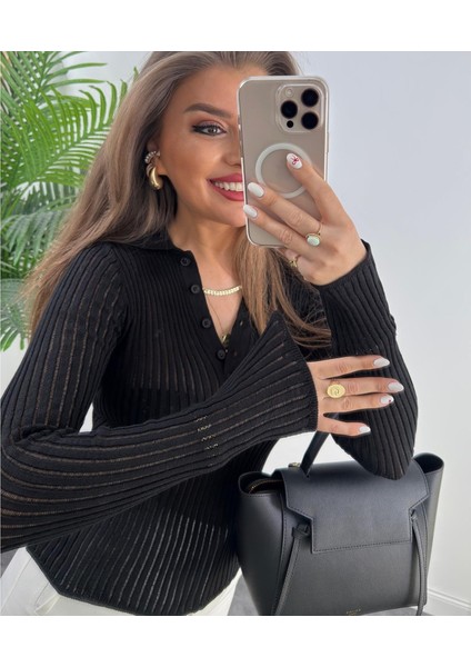 Siyah Polo Yaka Tül Örgü Transparan Detaylı Ince Triko Kazak indirimleri