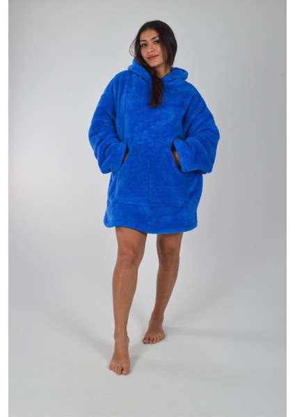 Welsoft Kapüşonlu Giyilebilir Tv Battaniyesi Unisex Peluş Oversize Panço Sabahlık