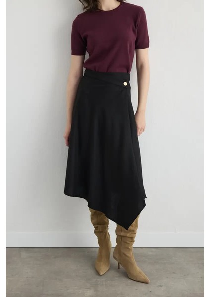 Anvelop Kesim Asimetrik Yünlü Kaşe Etek - Siyah modelleri