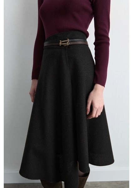 Anvelop Kesim Asimetrik Yünlü Kaşe Etek - Siyah fırsatları