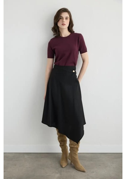 Anvelop Kesim Asimetrik Yünlü Kaşe Etek - Siyah indirimleri