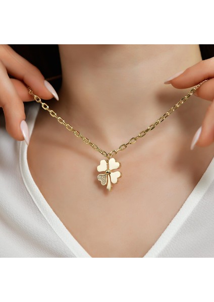 14 Ayar Altın Taşlı Yonca Kolye