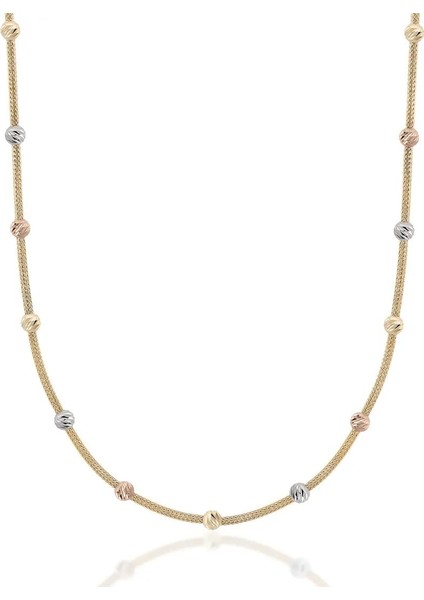 14 Ayar Üç Renk Dorika Detaylı Örgü Zincir Kolye