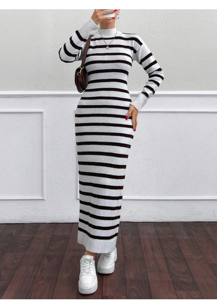 Kadın Triko Uzun Çizgili Yumuşak Elbise