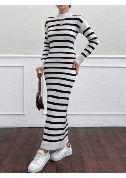 Kadın Triko Uzun Çizgili Yumuşak Elbise modelleri