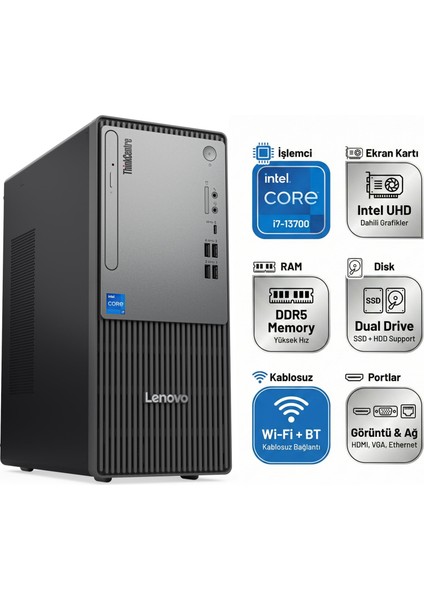 Thinkcentre Neo 50T Gen 5 Intel Core I7-13700 64GB 1tb SSD Windows 11 Pro Masaüstü Bilgisayar 12UB000HTR 013