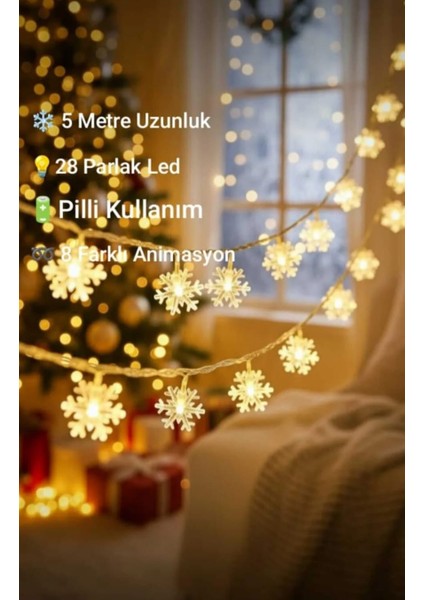 5 Metre 28 LED 8 Animasyonlu Aydınlatma Pilli Ip LED Işık Kar Tanesi Dizeleri Gün Işığı Satıcının Ortalama Ürün Puanı 4.8