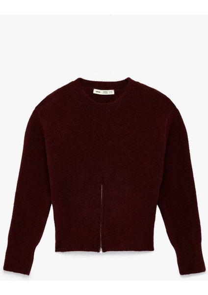 Uzun Kollu Bisiklet Yaka Fermuar Detaylı Triko Kazak