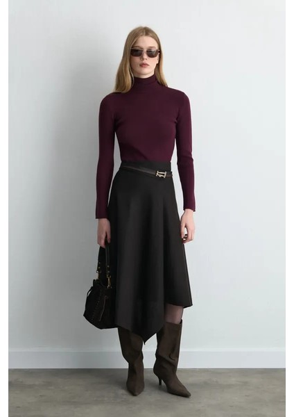 Anvelop Kesim Asimetrik Yünlü Kaşe Etek - Kahverengi