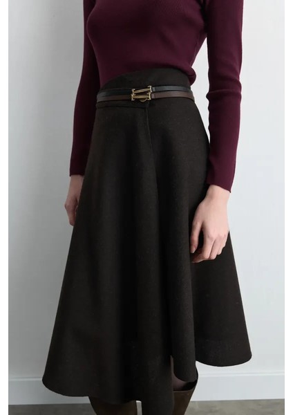 Anvelop Kesim Asimetrik Yünlü Kaşe Etek - Kahverengi fırsatları