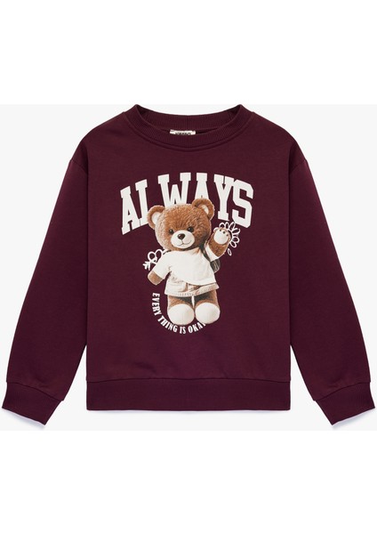 Pamuklu Uzun Kollu Bisiklet Yaka Ayıcık Baskılı Sweatshirt