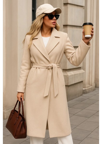 Kadın Kışlık Trend Kuşaklı Uzun Krem Kaşe Kaban