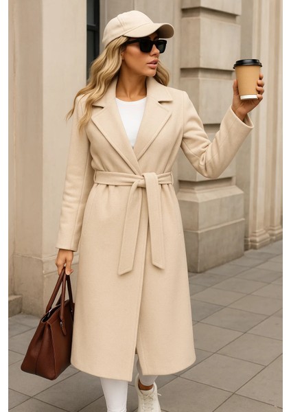 Kadın Kışlık Trend Kuşaklı Uzun Krem Kaşe Kaban fiyatları