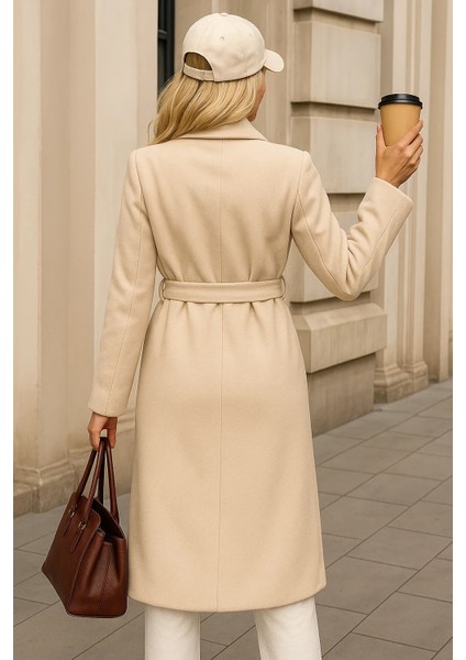 Kadın Kışlık Trend Kuşaklı Uzun Krem Kaşe Kaban