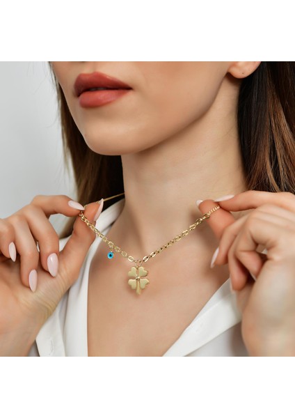 14 Ayar Altın Yonca Nazar Gözlü Kolye