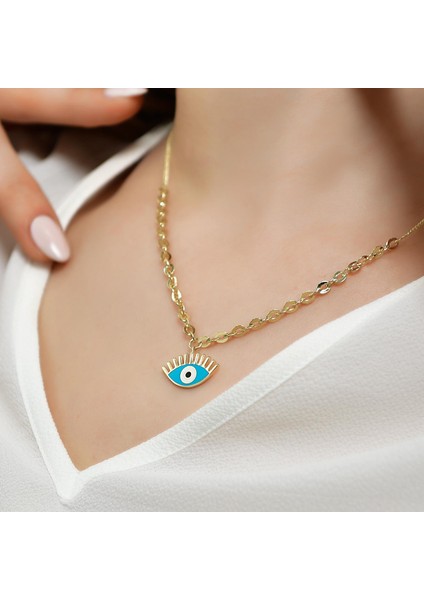 14 Ayar Altın Mavi Mineli Göz Kolye