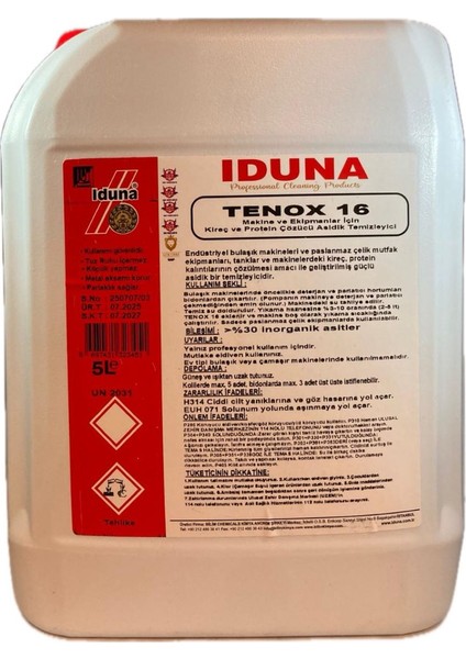 Tenox 16 Makine ve Ekipmanlar Için Kireç ve Protein Çözücü Asidik Temizleyici 5 L
