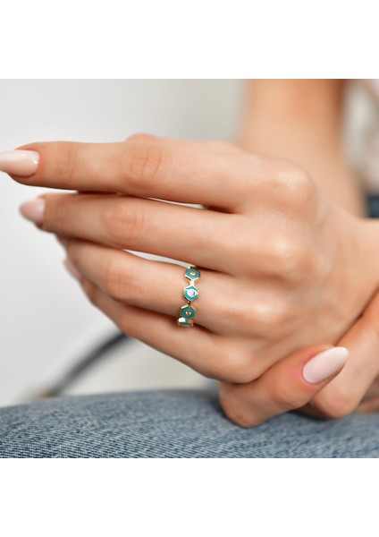 14 Ayar Altın Mineli Altıgen Taşlı Yüzük