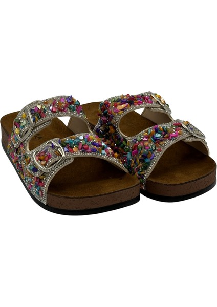 Anatomik Rahat Renkli Taşlı Çift Tokalı Kadın Terlik