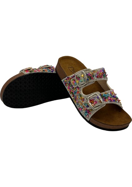 Anatomik Rahat Renkli Taşlı Çift Tokalı Kadın Terlik indirimleri