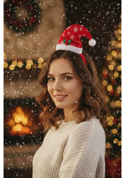 Minyatür Noel Baba Şapkası Taç/bando - Kar Tanesi ve Holly Detaylı Yılbaşı Saç Aksesuarı