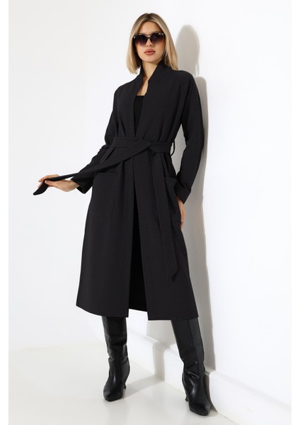 Jega Kadın Regular Kalıp Kolej Yakalı Kuşak Detaylı Reglan Kollu Kaban & Ceket & Mont - Siyah