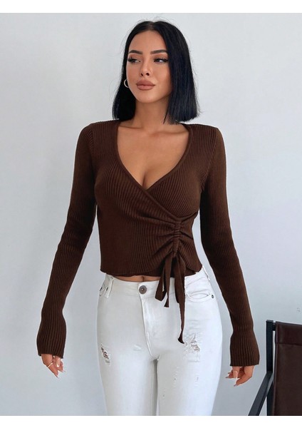 Kadın Kruvaze Acı Kahve Triko Kazak