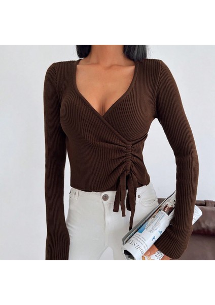 Kadın Kruvaze Acı Kahve Triko Kazak fiyatları