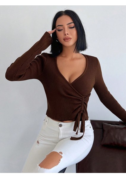 Kadın Kruvaze Acı Kahve Triko Kazak modelleri