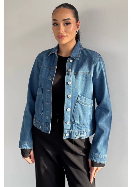 Kadın Çift Cepli Ön Düğmeli Kuşgözü Detaylı Jean Kot Ceket P-00019429 fiyatları