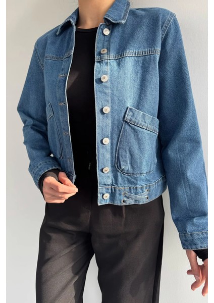 Kadın Çift Cepli Ön Düğmeli Kuşgözü Detaylı Jean Kot Ceket P-00019429 modelleri