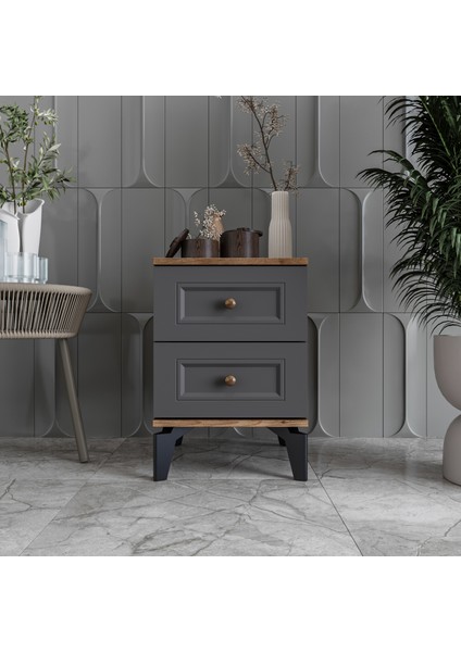 Loren 2 Çekmeceli Komodin Tamamı Mdf (Antrasit)