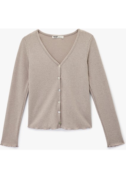 V Yaka Uzun Kollu Düğmeli Triko Pijama Üstü