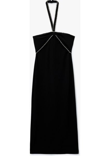 Boyundan Bağlamalı Midi Boy Taşlı Kadife Elbise