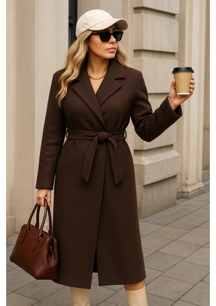 Kadın Kışlık Trend Kuşaklı Uzun Kahve Kaşe Kaban