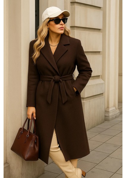 Kadın Kışlık Trend Kuşaklı Uzun Kahve Kaşe Kaban modelleri