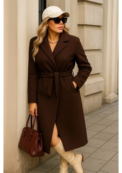 Kadın Kışlık Trend Kuşaklı Uzun Kahve Kaşe Kaban fırsatları
