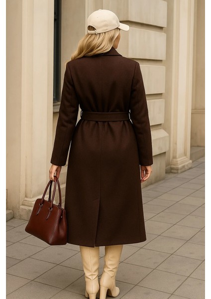 Kadın Kışlık Trend Kuşaklı Uzun Kahve Kaşe Kaban