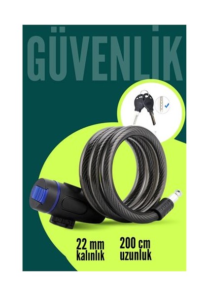 22MM Çelik Halatlı Bisiklet Kilidi - 200CM Anahtarlı Scoooter Motosiklet Kilidi