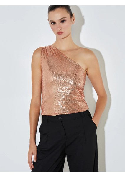 Soulife Sarı Tek Omuz Pul Payetli Bluz