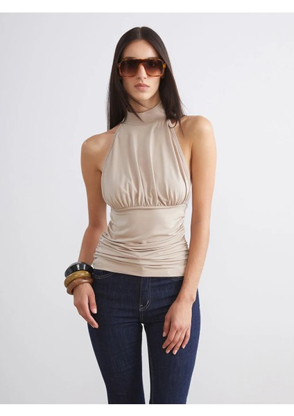 Soulife Sarı Halter Yaka Büzgülü Bluz