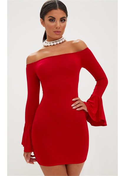 Kırmızı Ispanyol Kol Dar Elbise