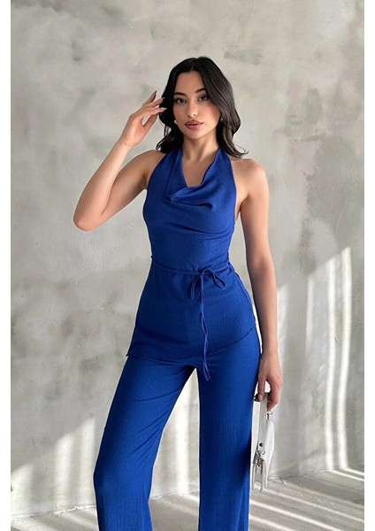 Kadın Saks Mavisi Degaje Yaka Bluz ve Pantolon Ikili Takım
