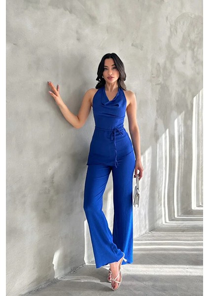 Kadın Saks Mavisi Degaje Yaka Bluz ve Pantolon Ikili Takım fiyatları