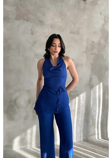 Kadın Saks Mavisi Degaje Yaka Bluz ve Pantolon Ikili Takım modelleri