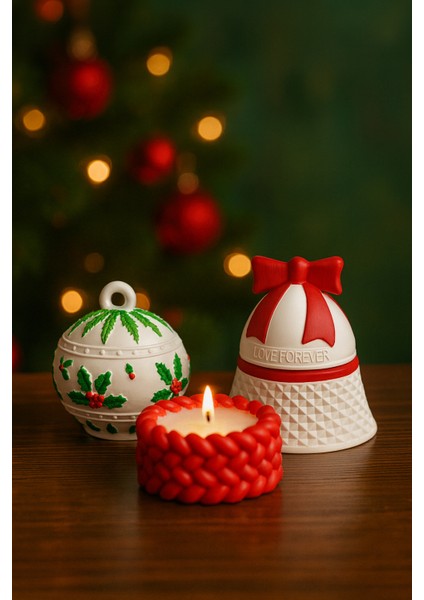 Yılbaşı Temalı Dekoratif Mum Seti – Fiyonk & Kokina Desenli Kapaklı Mumluk + El Örgüsü Görünümlü Mum fiyatları