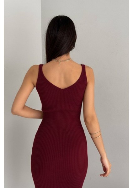 Kadın Delikli Kazak Askılı Elbise Triko Kumaş Ikili Takım - Bordo