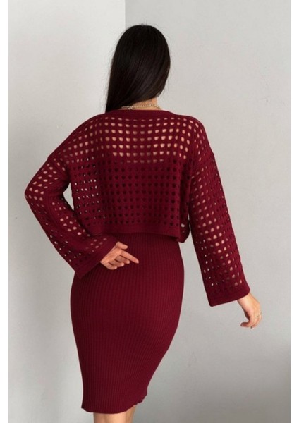 Kadın Delikli Kazak Askılı Elbise Triko Kumaş Ikili Takım - Bordo fiyatları