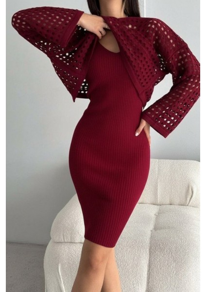 Kadın Delikli Kazak Askılı Elbise Triko Kumaş Ikili Takım - Bordo modelleri
