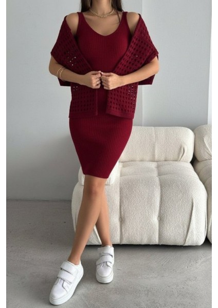 Kadın Delikli Kazak Askılı Elbise Triko Kumaş Ikili Takım - Bordo fırsatları